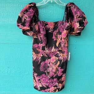 LULU’S Whimsigoth Black Floral Print Off-The-Shoulder Bodycon Dress SMALL NWT